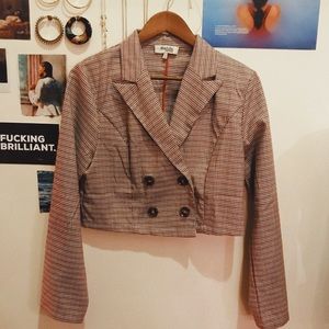 Cropped Blazer-Style Plaid Jacket